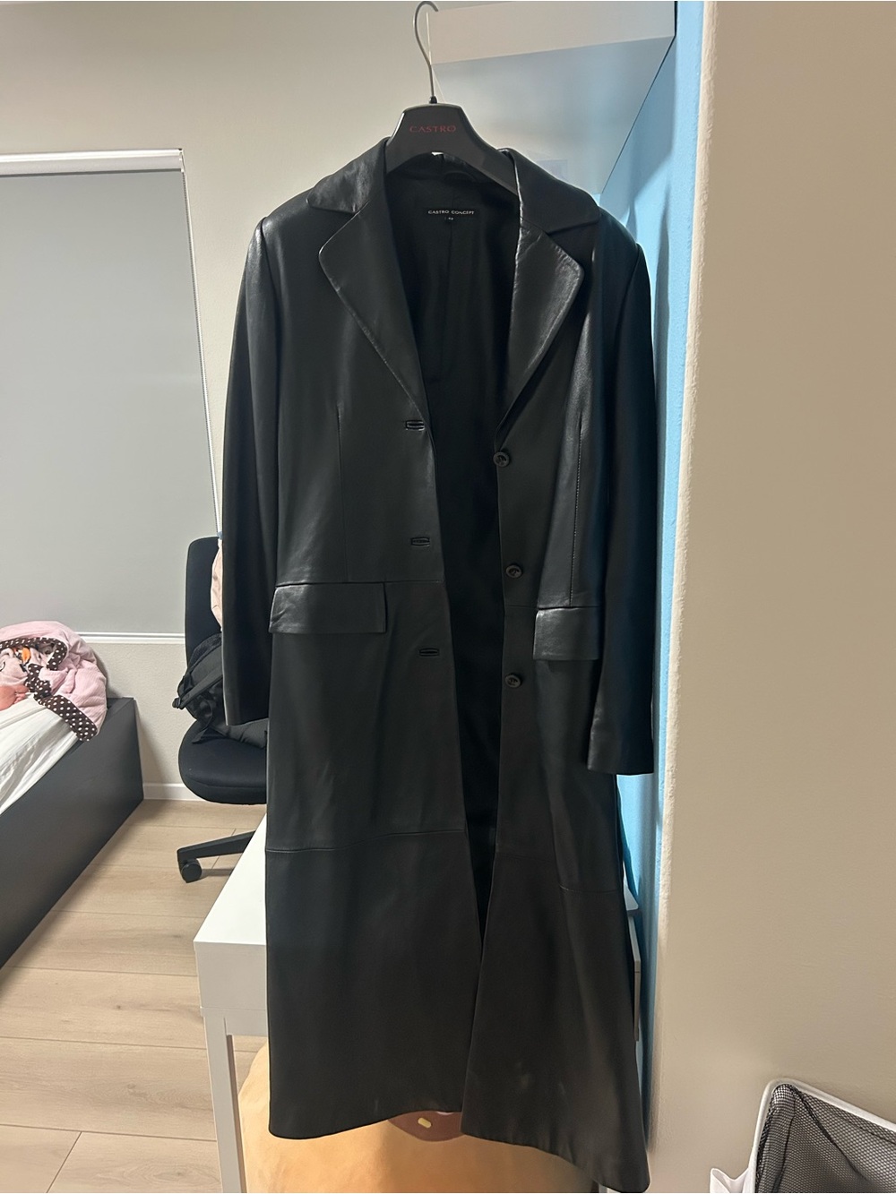 Long Black woman's Leather Trench Coat